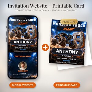 Peut inclure: Un site web d'invitation numérique et une carte d'anniversaire imprimable avec un graphisme de monster truck, le texte MONSTER TRUCK NIGHT, le chiffre 9 et le nom ANTHONY. Le design inclut des projecteurs de stade, de la terre et un espace photo.
