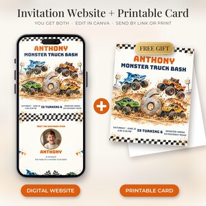 Peut inclure: Un site web d'invitation numérique affiché sur un smartphone et une carte imprimable assortie sur le thème des monster trucks. Le design inclut trois monster trucks, un grand chiffre six et le texte Anthony Monster Truck Bash.