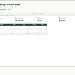 Puede incluir: Una interfaz de panel digital para el seguimiento del tiempo y tarifas por hora titulada Zeiterfassung + Stundensatz. La pantalla muestra datos de proyectos, horas facturables, valores monetarios y métricas de presupuesto en una tabla estructurada.