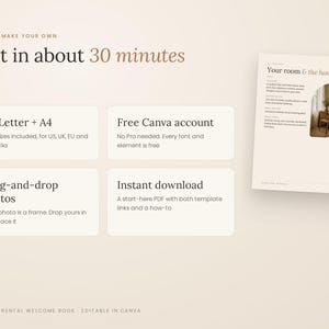K&ouml;nnte beinhalten: Eine digitale Vorlage f&uuml;r ein Willkommensbuch f&uuml;r mittelfristige Vermietungen mit dem Text Edit in about 30 minutes. Es enth&auml;lt vier Informationsfelder zu US Letter und A4 Formaten, kostenlosen Canva-Konten, Drag-and-Drop-Fotos und sofortigem Download.