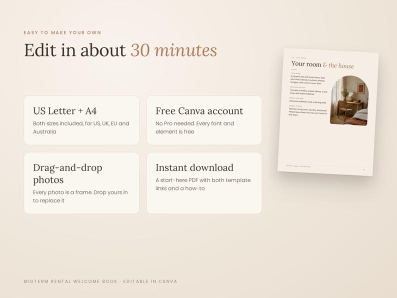 K&ouml;nnte beinhalten: Eine digitale Vorlage f&uuml;r ein Willkommensbuch f&uuml;r mittelfristige Vermietungen mit dem Text Edit in about 30 minutes. Es enth&auml;lt vier Informationsfelder zu US Letter und A4 Formaten, kostenlosen Canva-Konten, Drag-and-Drop-Fotos und sofortigem Download.