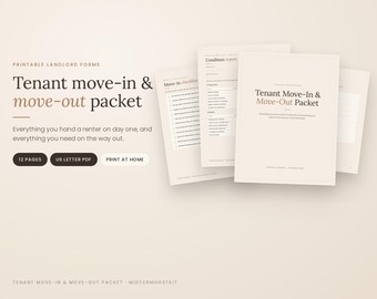 Könnte beinhalten: Ein druckbares Vermieter-Formularpaket mit dem Titel Tenant move-in & move-out packet. Das Dokument umfasst 12 Seiten im US-Letter-PDF-Format. Die Seiten enthalten Checklisten und Zustandsberichte mit schwarzem Text auf beigem Hintergrund.