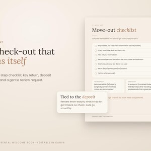 K&ouml;nnte beinhalten: Eine digitale Vorlage f&uuml;r ein Willkommensbuch f&uuml;r Mietobjekte mit einer Checkliste f&uuml;r den Auszug. Das Dokument enth&auml;lt Abschnitte zu Kaution und Bewertungen mit dem Text Move-out checklist, A check-out that runs itself und Tied to the deposit.