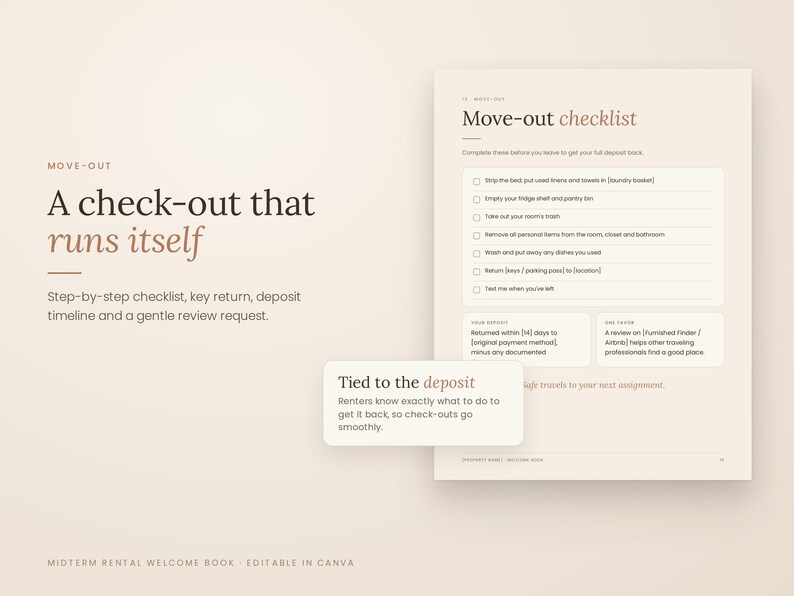K&ouml;nnte beinhalten: Eine digitale Vorlage f&uuml;r ein Willkommensbuch f&uuml;r Mietobjekte mit einer Checkliste f&uuml;r den Auszug. Das Dokument enth&auml;lt Abschnitte zu Kaution und Bewertungen mit dem Text Move-out checklist, A check-out that runs itself und Tied to the deposit.