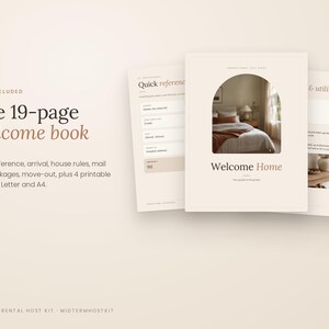 May include: A 19-page welcome book template featuring a beige colour palette. The cover displays an arched photo of a bedroom and the text Welcome Home. Additional pages show Quick reference and utilities sections with fields for house information.