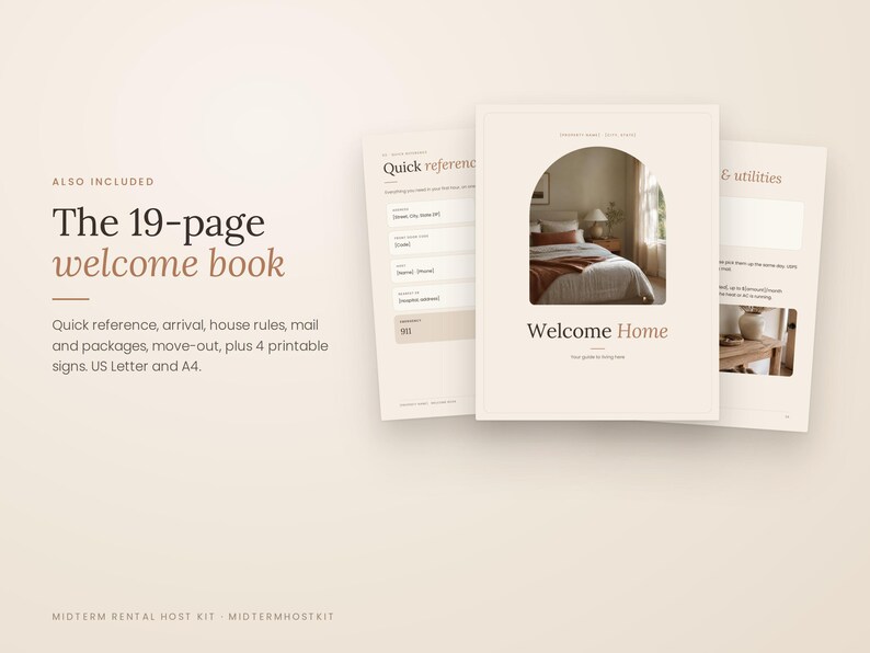 May include: A 19-page welcome book template featuring a beige colour palette. The cover displays an arched photo of a bedroom and the text Welcome Home. Additional pages show Quick reference and utilities sections with fields for house information.