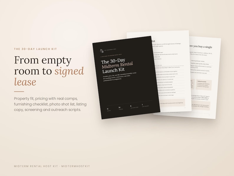 May include: A digital document set titled The 30-Day Midterm Rental Launch Kit, featuring a black cover page with white text and several white interior pages with black text, checklists, and instructional content for property management.