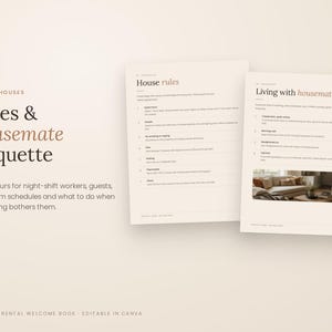 K&ouml;nnte beinhalten: Eine digitale Dokumentvorlage mit dem Titel Rules & housemate etiquette f&uuml;r Wohngemeinschaften. Sie enth&auml;lt zwei Seiten mit Hausregeln und Tipps zum Zusammenleben, inklusive Text, einem kleinen Wohnzimmerfoto und neutralen Farben.