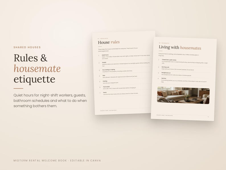 K&ouml;nnte beinhalten: Eine digitale Dokumentvorlage mit dem Titel Rules & housemate etiquette f&uuml;r Wohngemeinschaften. Sie enth&auml;lt zwei Seiten mit Hausregeln und Tipps zum Zusammenleben, inklusive Text, einem kleinen Wohnzimmerfoto und neutralen Farben.