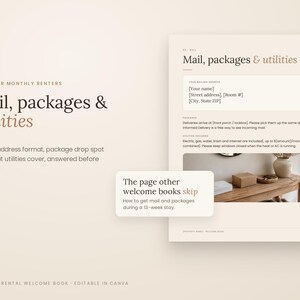 K&ouml;nnte beinhalten: Eine digitale Vorlage f&uuml;r ein Willkommensbuch f&uuml;r mittelfristige Vermietungen mit dem Text Mail, packages & utilities. Das Layout enth&auml;lt Abschnitte f&uuml;r Postanschriften, Paketzustellungen und Details zu den enthaltenen Nebenkosten.