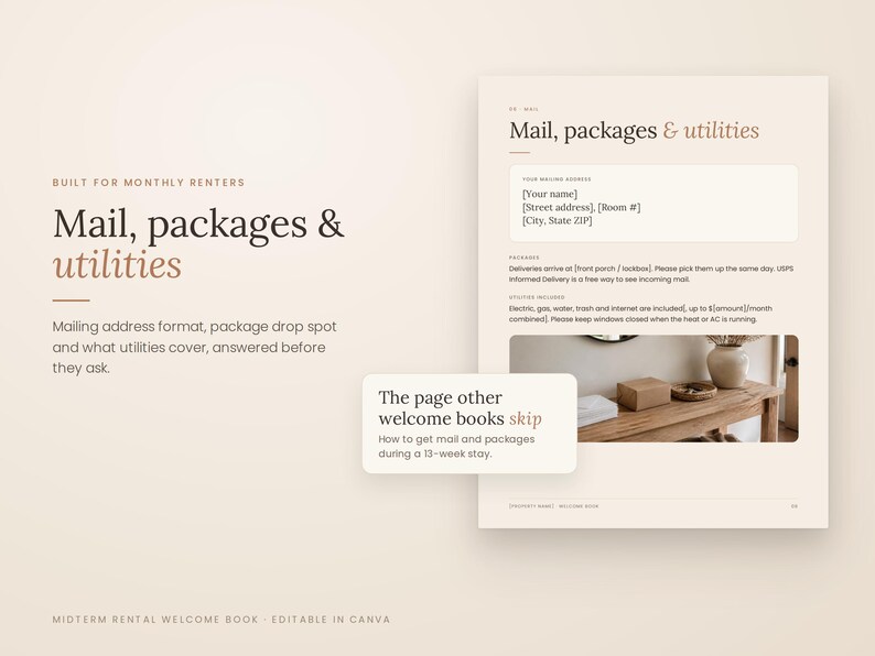 K&ouml;nnte beinhalten: Eine digitale Vorlage f&uuml;r ein Willkommensbuch f&uuml;r mittelfristige Vermietungen mit dem Text Mail, packages & utilities. Das Layout enth&auml;lt Abschnitte f&uuml;r Postanschriften, Paketzustellungen und Details zu den enthaltenen Nebenkosten.