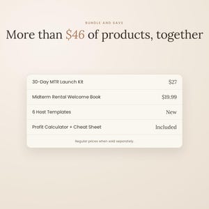 May include: A digital bundle graphic featuring the text Bundle and Save, More than $46 of products, together. A list includes 30-Day MTR Launch Kit, Midterm Rental Welcome Book, 6 Host Templates, and Profit Calculator + Cheat Sheet with prices.
