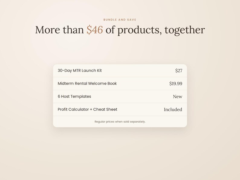 May include: A digital bundle graphic featuring the text Bundle and Save, More than $46 of products, together. A list includes 30-Day MTR Launch Kit, Midterm Rental Welcome Book, 6 Host Templates, and Profit Calculator + Cheat Sheet with prices.