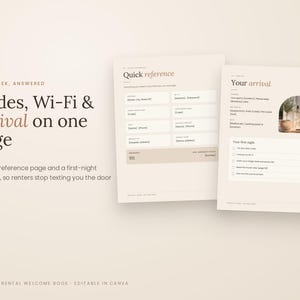 K&ouml;nnte beinhalten: Eine digitale Vorlage f&uuml;r ein Willkommensbuch f&uuml;r mittelfristige Vermietungen mit zwei Seiten. Die linke Seite ist mit Quick reference betitelt und enth&auml;lt Felder f&uuml;r WLAN, Zugangscodes und Kontakte. Die rechte Seite ist mit Your arrival betitelt.