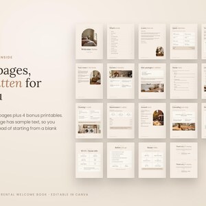 K&ouml;nnte beinhalten: Ein digitales Vorlagenset mit 19 Seiten f&uuml;r ein Willkommensbuch f&uuml;r mittelfristige Vermietungen. Der Text lautet: WHAT'S INSIDE 19 pages, written for you 15 book pages plus 4 bonus printables. Every page has sample text, so you edit instead of starting from a blank page. MIDTERM RENTAL WELCOME BOOK - EDITABLE IN CANVA.