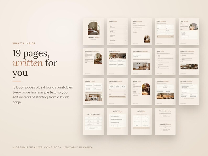 K&ouml;nnte beinhalten: Ein digitales Vorlagenset mit 19 Seiten f&uuml;r ein Willkommensbuch f&uuml;r mittelfristige Vermietungen. Der Text lautet: WHAT'S INSIDE 19 pages, written for you 15 book pages plus 4 bonus printables. Every page has sample text, so you edit instead of starting from a blank page. MIDTERM RENTAL WELCOME BOOK - EDITABLE IN CANVA.