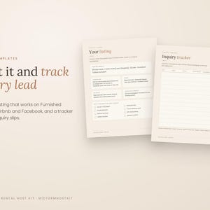 May include: Two digital templates on a light beige background. The left template is titled Your listing and includes fields for property details. The right template is titled Inquiry tracker with a table for tracking leads and inquiries.