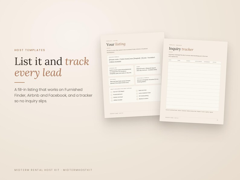 May include: Two digital templates on a light beige background. The left template is titled Your listing and includes fields for property details. The right template is titled Inquiry tracker with a table for tracking leads and inquiries.