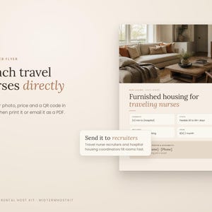 May include: A digital recruiter flyer template for travel nurse housing. The design features a beige background, a photo of a furnished living room, and text fields for commute time, stay duration, and pricing. It includes instructions for Canva editing.