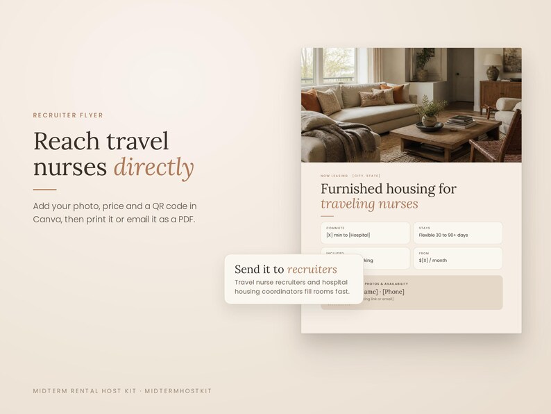 May include: A digital recruiter flyer template for travel nurse housing. The design features a beige background, a photo of a furnished living room, and text fields for commute time, stay duration, and pricing. It includes instructions for Canva editing.