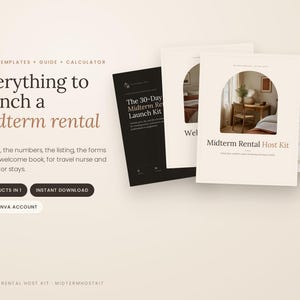 Könnte beinhalten: Ein digitales Canva-Vorlagen-Set für ein Midterm-Rental-Gastgeber-Kit mit Leitfaden, Rechner und Formularen. Das Design umfasst beige und schwarze Dokumente mit bogenförmigen Fotorahmen und dem Text Everything to launch a midterm rental.
