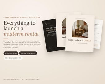 Könnte beinhalten: Ein digitales Canva-Vorlagen-Set für ein Midterm-Rental-Gastgeber-Kit mit Leitfaden, Rechner und Formularen. Das Design umfasst beige und schwarze Dokumente mit bogenförmigen Fotorahmen und dem Text Everything to launch a midterm rental.