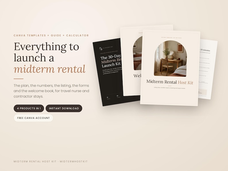 May include: A digital Canva template set for a midterm rental host kit, featuring a guide, calculator, and forms. The design includes beige and black documents with arched photo frames, displaying text such as Everything to launch a midterm rental.