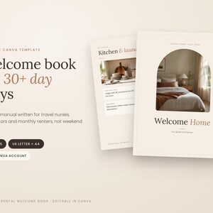 K&ouml;nnte beinhalten: Eine bearbeitbare Canva-Vorlage f&uuml;r ein Willkommensbuch f&uuml;r Aufenthalte von 30+ Tagen. Das Dokument hat einen beigen Hintergrund mit dunkelbraunem Text, inklusive dem Titel Welcome Home, und zeigt zwei Seiten mit einem gew&ouml;lbten Foto.