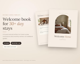 Plantilla de libro de bienvenida de Airbnb para alquileres a medio plazo, manual de Canva editable