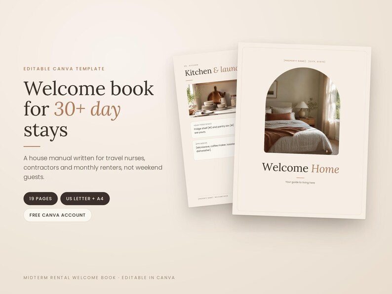 K&ouml;nnte beinhalten: Eine bearbeitbare Canva-Vorlage f&uuml;r ein Willkommensbuch f&uuml;r Aufenthalte von 30+ Tagen. Das Dokument hat einen beigen Hintergrund mit dunkelbraunem Text, inklusive dem Titel Welcome Home, und zeigt zwei Seiten mit einem gew&ouml;lbten Foto.