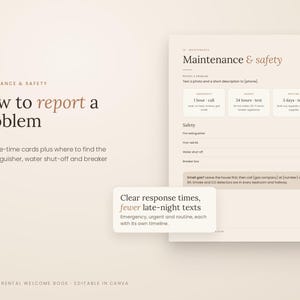 K&ouml;nnte beinhalten: Eine beige digitale Vorlage f&uuml;r ein Miet-Willkommensbuch mit dem Titel Maintenance & safety, How to report a problem. Sie enth&auml;lt Antwortzeitkarten f&uuml;r Notf&auml;lle sowie Sicherheitschecklisten f&uuml;r Feuerl&ouml;scher und Versorgungsanschl&uuml;sse.