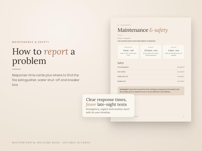 K&ouml;nnte beinhalten: Eine beige digitale Vorlage f&uuml;r ein Miet-Willkommensbuch mit dem Titel Maintenance & safety, How to report a problem. Sie enth&auml;lt Antwortzeitkarten f&uuml;r Notf&auml;lle sowie Sicherheitschecklisten f&uuml;r Feuerl&ouml;scher und Versorgungsanschl&uuml;sse.