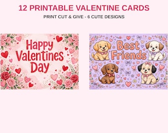 Printable Valentine Cards - 12 Cute Valentine Cards PDF - Print Cut & Give