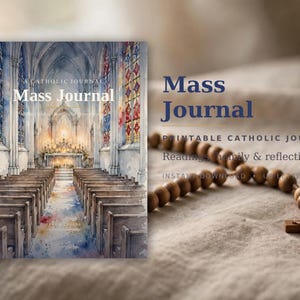 May include: A Catholic Mass Journal with a watercolor illustration of a church interior featuring pews and stained glass, accompanied by a wooden rosary with a crucifix. Text on the cover reads A Catholic Journal Mass Journal.
