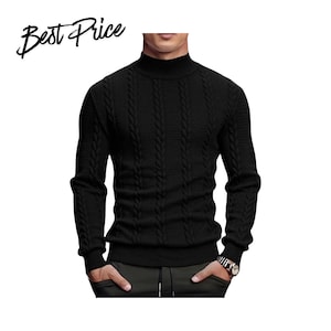 Könnte beinhalten: Ein schwarzer Langarmpullover mit Stehkragen und vertikalem Zopfstrickmuster. Der Text "Best Price" ist in der oberen linken Ecke in Schwarz aufgedruckt. Der Pullover hat gerippte Bündchen und einen gerippten Saum.