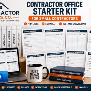Puede incluir: Un kit de inicio de oficina para contratistas con más de 35 formularios y plantillas editables e imprimibles. Incluye carpetas etiquetadas para clientes, presupuestos, permisos, inspecciones, mano de obra, materiales, facturas y cierre.