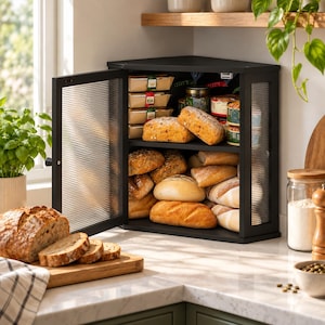May include: A black corner bread box with a hinged door featuring vertical ribbed glass panels. The interior has two shelves filled with various loaves of bread and small food containers. A sliced loaf sits on a wooden board in the foreground.