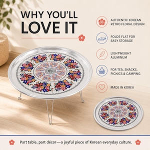 May include: A round aluminium table with foldable wire legs and a matching flat tray, both featuring a white surface with a colourful Korean floral pattern and a central black circular motif. Text includes WHY YOU'LL LOVE IT and product features.