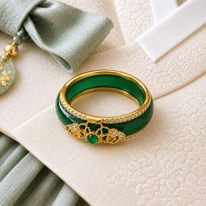 May include: A ring featuring a deep green band with a gold-toned metal inlay. The gold section is adorned with small clear stones and a central green cabochon, set within an intricate, filigree-style metal framework that wraps around the band.