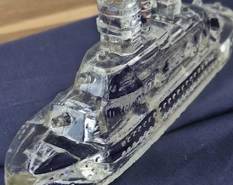 Vintage Art Deco Glass Battleship Candy Container, Pressed Glass, Nautical Collectible