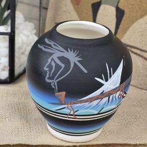 Signed Navajo Pottery Vase, Monument Valley Landscape, Black and Turquoise Southwestern Art