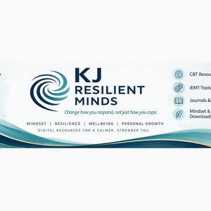 May include: A digital banner for KJ Resilient Minds featuring a dark blue spiral logo, teal watercolour waves, and text including CBT Resources, IEMT Tools, Journals & Workbooks, and Mindset & Resilience Downloads on a white background.