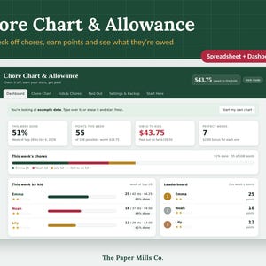 Peut inclure: Une interface numérique de tableau des tâches et d'argent de poche affichée sur un écran. La mise en page comprend des sections pour les progrès hebdomadaires, les points gagnés, le total dû aux enfants et un classement pour Emma, Noah et Lily.