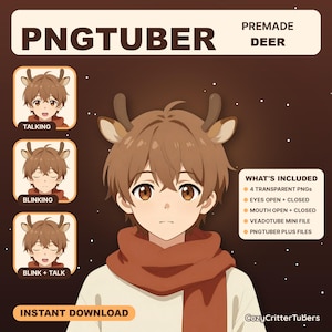 Puede incluir: Un conjunto de activos digitales titulado PNGTUBER PREMADE DEER que presenta un personaje de estilo anime con cabello castaño, astas de ciervo y una bufanda roja. Incluye variaciones para hablar, parpadear y una combinación de ambos.