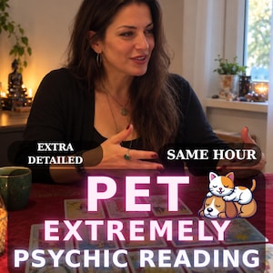 Può includere: Un set di carte dei tarocchi disposte su una superficie rossa con sovrapposizioni di testo EXTRA DETAILED, SAME HOUR, PET EXTREMELY PSYCHIC READING e NO TOOL! NO AI! con un'illustrazione di gatto e cane.