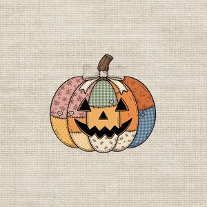 Zucca patchwork PNG, design vintage di zucca di Halloween per sublimazione, zucca con fiocco PNG, design per maglietta di Halloween per bambini, download digitale autunnale