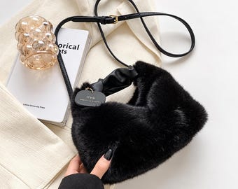 Fluffy Crossbody Bag with Ruched Handle, Small Plush Handbag for Women