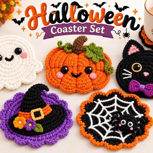 Juego de posavasos de ganchillo para Halloween, posavasos de calabaza espeluznantes, decoración de mesa otoñal, fantasma, gato, bruja, sombrero, telaraña