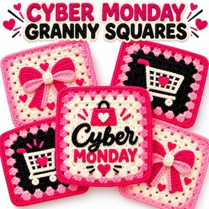 Schema per uncinetto "Grandma Square", motivo a cuore e fiocco, grazioso blocco per coperta afghana, download PDF per principianti, design per il Cyber ​​Monday