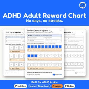 Puede incluir: Una tabla de recompensas para adultos con TDAH imprimible con 30 casillas, que incluye secciones para tareas y recompensas. El documento contiene texto como Reward Chart: 30 Squares, My tasks y hitos de recompensa. Diseño en azul y blanco.